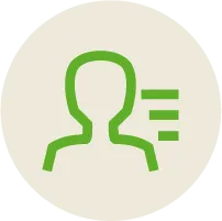 A green outline of a person's head and shoulders surrounding by a beige circle.  
